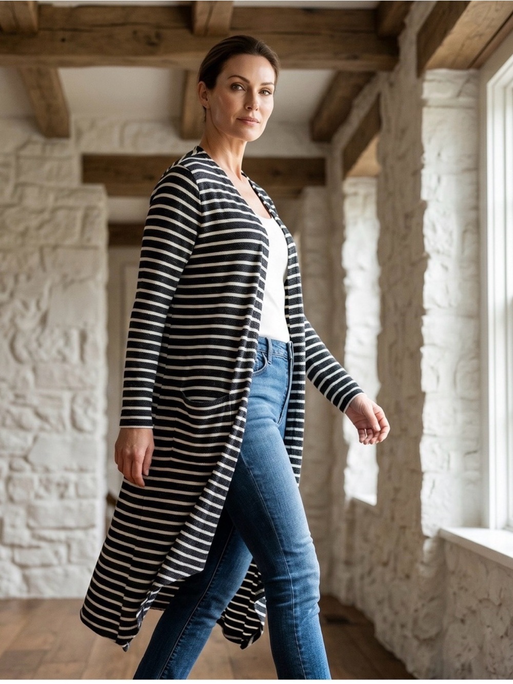 LuLaRoe Long Striped Open-Front Cardigan - Black & White